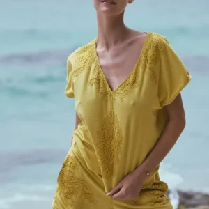 Top à manches courtes Aphrodite en molleton de coton et dentelle jaune